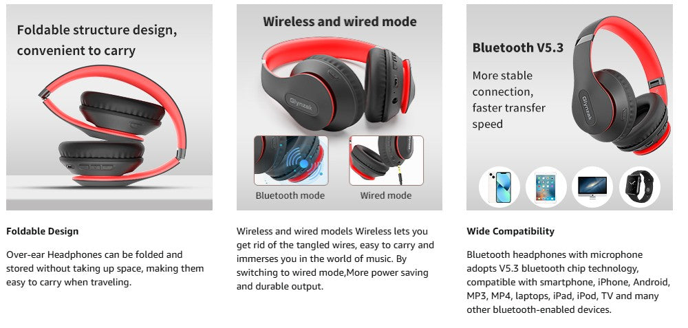 Wireless Bluetooth Headphones Over Ear 65H Playtime HiFi Stereo Headset with Microphone and 6EQ Modes Foldable Bluetooth V5.3 Headphones for Travel Computer Laptop(Black Red